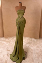 Charming Green Mermaid Strapless Beaded Column Sleeveless Satin Panel Train Ruffle Evening Dresses With Rhinestone