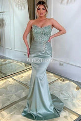 Charming Green Mermaid Strapless Sleeveless Beaded Ruffles Long Satin Evening Dresses With Pearls