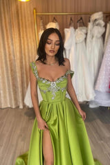 Charming Green Spaghetti Strap A-Line Beaded Sleeveless Satin Evening Dresses With Slit