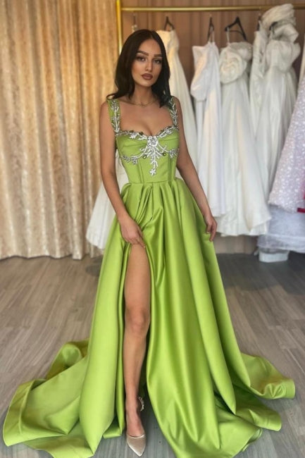 Charming Green Spaghetti Strap A-Line Beaded Sleeveless Satin Evening Dresses With Slit