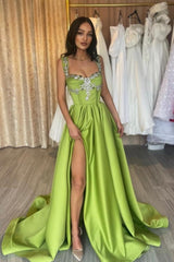 Charming Green Spaghetti Strap A-Line Beaded Sleeveless Satin Evening Dresses With Slit