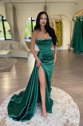 Charming Green Sweetheart A-Line Beaded Sleeveless Satin Panel Train Ruffle Evening Dresses With High Slit