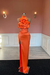 Orange high neck ruffled mermaid prom dress