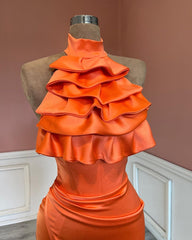 Charming High Neck Mermaid Stain Ruffles Prom Dress with Split