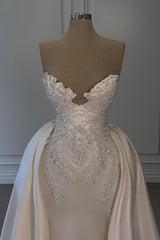 Charming Ivory A-Line Strapless Sleeveless Beaded Panel Train Ruffle Long Satin Wedding Dresses