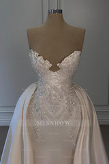 Charming Ivory A-Line Strapless Sleeveless Beaded Panel Train Ruffle Long Satin Wedding Dresses