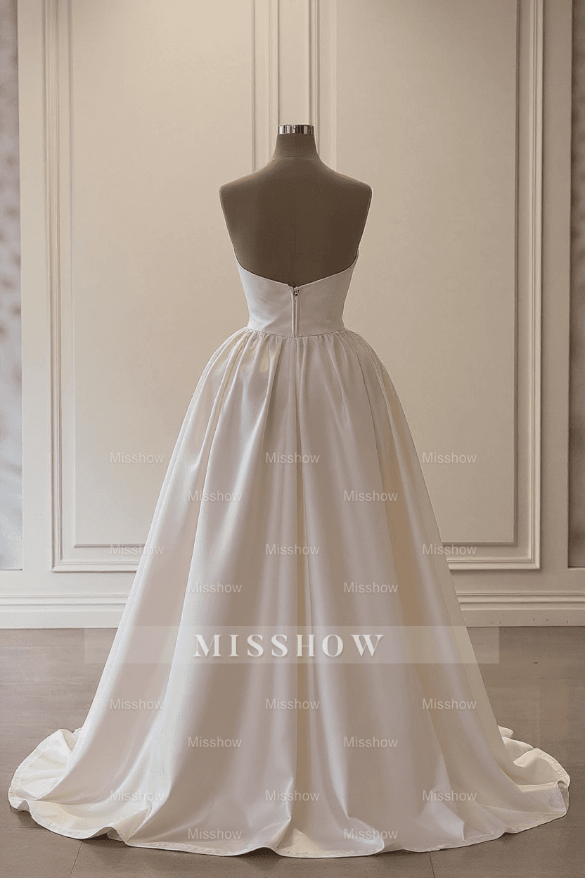 Charming Ivory A-Line Strapless Sleeveless Beaded Panel Train Ruffle Long Satin Wedding Dresses