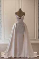 Charming Ivory A-Line Strapless Sleeveless Beaded Panel Train Ruffle Long Satin Wedding Dresses