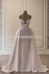 Charming Ivory A-Line Strapless Sleeveless Beaded Panel Train Ruffle Long Satin Wedding Dresses