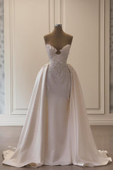 Charming Ivory A-Line Strapless Sleeveless Beaded Panel Train Ruffle Long Satin Wedding Dresses