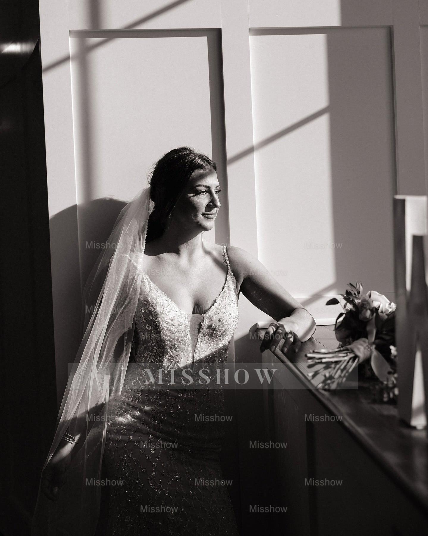 Charming Ivory Column V-Neck Spaghetti Straps Sleeveless Beaded Sequined Sweep Train Wedding Dress