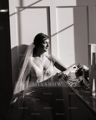 Charming Ivory Column V-Neck Spaghetti Straps Sleeveless Beaded Sequined Sweep Train Wedding Dress