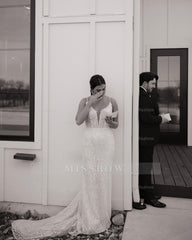 Charming Ivory Column V-Neck Spaghetti Straps Sleeveless Beaded Sequined Sweep Train Wedding Dress