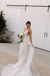 Charming Ivory Column V-Neck Spaghetti Straps Sleeveless Beaded Sequined Sweep Train Wedding Dress