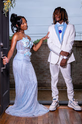 Charming Light Blue Beaded Prom Dress Floor Length Mermaid Gown with Flowers