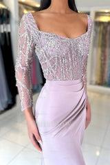 Charming Lilac Mermaid Square Long Sleeves Sequined Ruffle Long Satin Prom Dresses With Slit