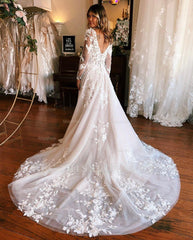 Charming Long A-line Appliques Long Sleeves Wedding Dress With Train