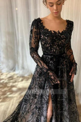 Charming Long Black A-line Lace Glitter Long Sleeves Wedding Dress with Slit