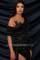 Charming Long Black Lace Beading Split Front Long Sleeve Prom Evening Dresses