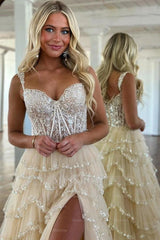 Charming Long Champagne A-line Lace Sleeveless Prom Dress with Slit