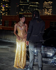 Charming Long Gold Sweetheart Sleeveless Mermaid Prom Dress with Rhinestones and Tassels