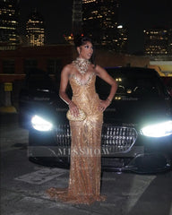 Charming Long Gold Sweetheart Sleeveless Mermaid Prom Dress with Rhinestones and Tassels