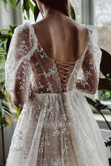 Charming Long Ivory A-line Long Sleeves Lace Wedding Dress With Slit