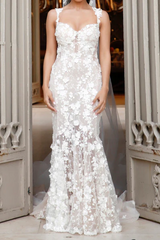 Charming Long Ivory Mermaid Sleeveless Lace Wedding Dress