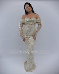 Charming Long Ivory Off-The-Shoulder Mermaid Formal Dress with Sequins and Detachable Sleeves