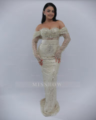 Charming Long Ivory Off-The-Shoulder Mermaid Formal Dress with Sequins and Detachable Sleeves