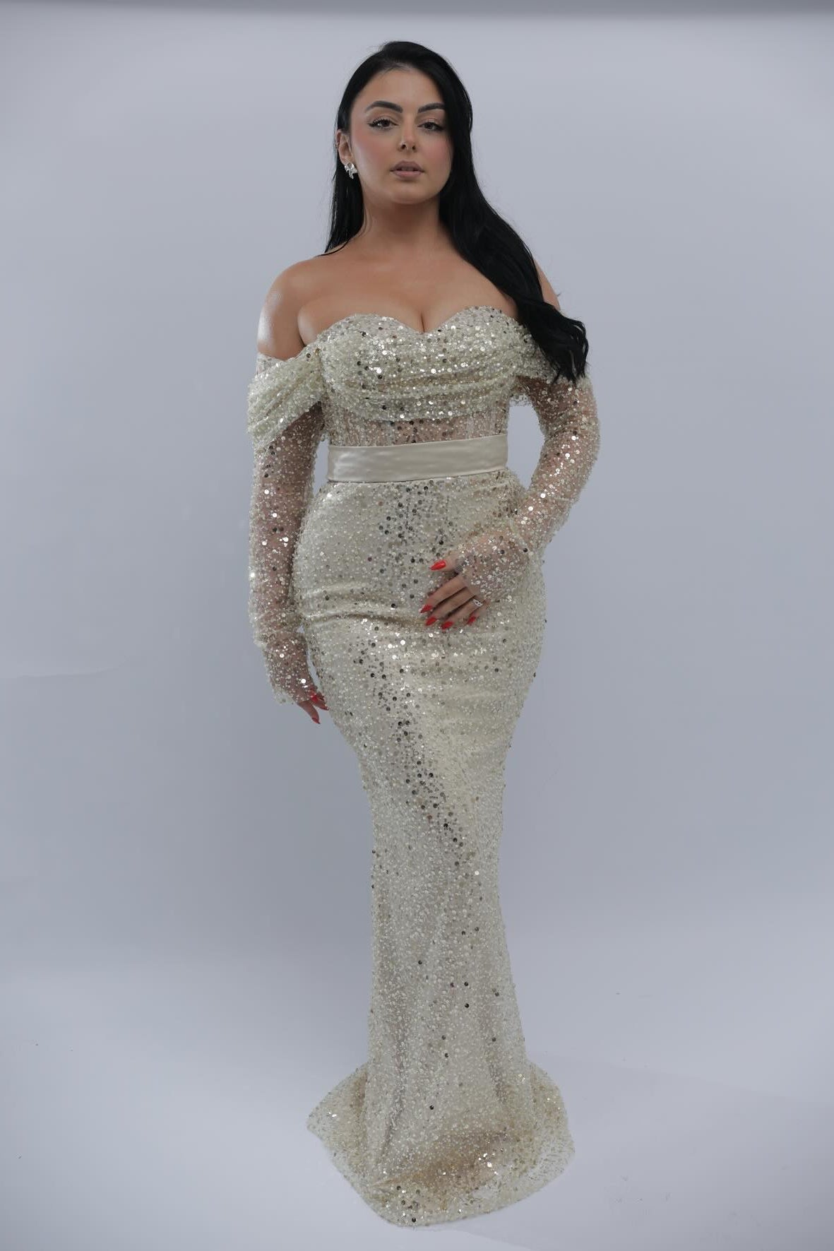 Charming Long Ivory Off-The-Shoulder Mermaid Formal Dress with Sequins and Detachable Sleeves