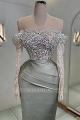 Charming Long Mermaid Off-the-shoulder Lace Glitter Prom Evening Dresses with Long Sleeves