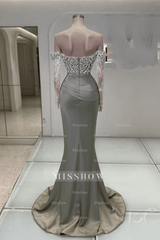 Charming Long Mermaid Off-the-shoulder Lace Glitter Prom Evening Dresses with Long Sleeves