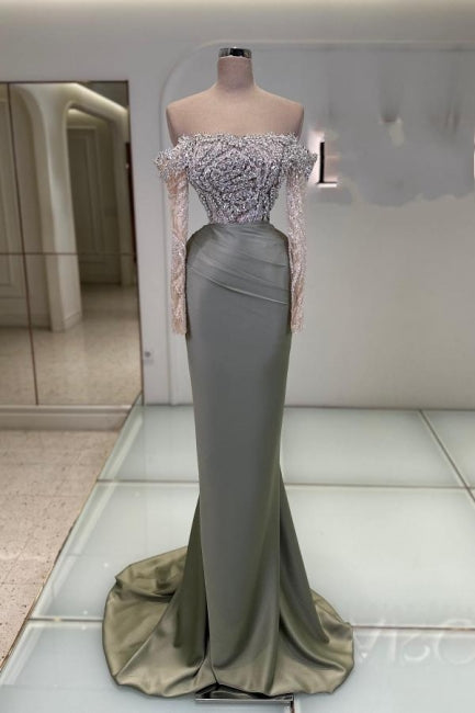 Charming Long Mermaid Off-the-shoulder Lace Glitter Prom Evening Dresses with Long Sleeves