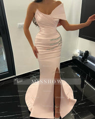 Charming Long Mermaid One Shoulder Satin Rhinestones Prom Dress With Slit