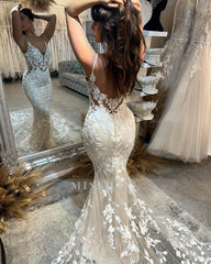 Charming Long Mermaid Spaghetti Straps Appliques V-neck Wedding Dress With Train