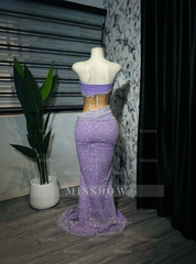 Charming Long Purple Strapless Beaded Glitter Mermaid Prom Dress