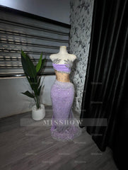 Charming Long Purple Strapless Beaded Glitter Mermaid Prom Dress