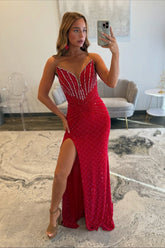 Red strapless beaded mermaid prom dress