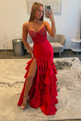 Charming Long Red Mermaid Strapless Glitter Prom Dress with Slit