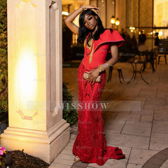 Charming Long Red Off-The-Shoulder Sleeveless Mermaid Prom Dress with Embroidery