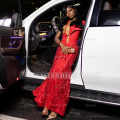 Charming Long Red Off-The-Shoulder Sleeveless Mermaid Prom Dress with Embroidery