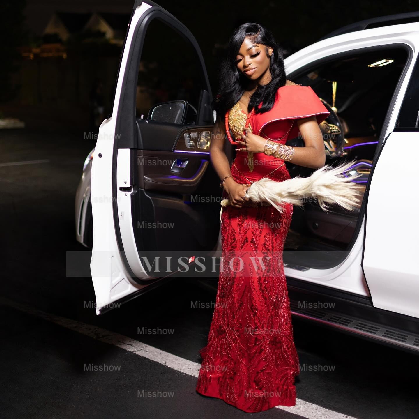 Charming Long Red Off-The-Shoulder Sleeveless Mermaid Prom Dress with Embroidery