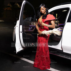 Charming Long Red Off-The-Shoulder Sleeveless Mermaid Prom Dress with Embroidery