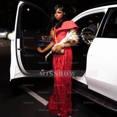 Charming Long Red Off-The-Shoulder Sleeveless Mermaid Prom Dress with Embroidery