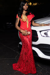 Charming Long Red Off-The-Shoulder Sleeveless Mermaid Prom Dress with Embroidery