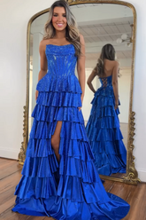 Charming Long Royal Blue A-line Strapless Glitter Prom Dress with Slit