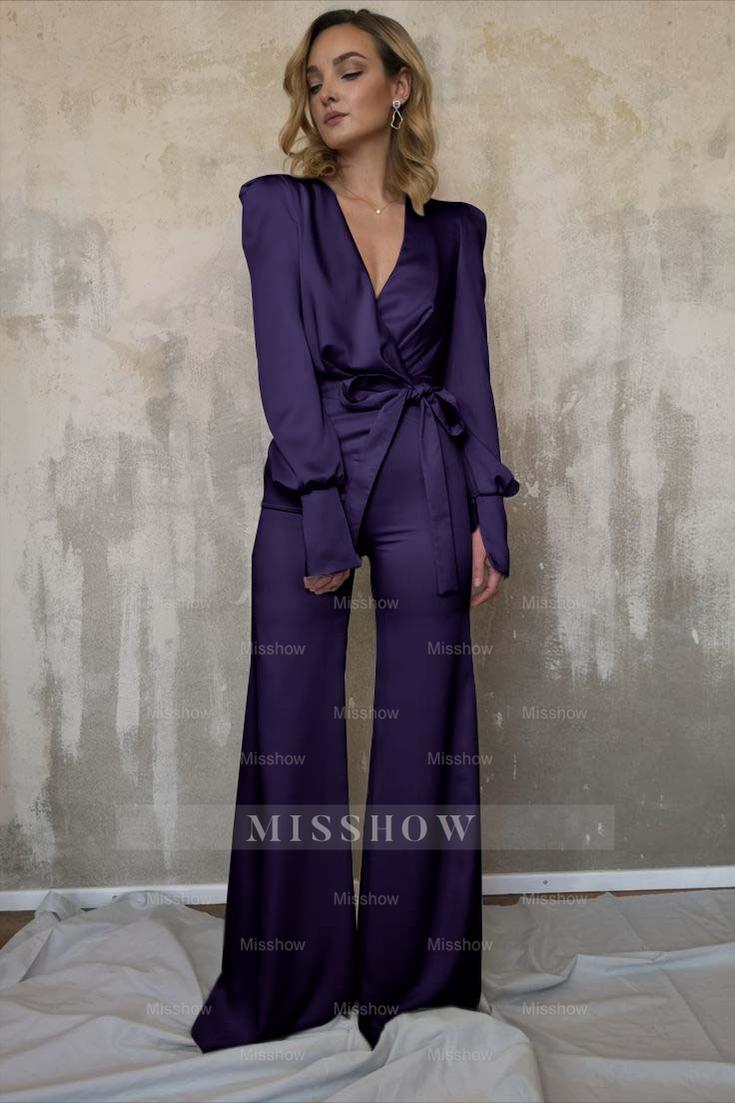 Charming Long Sleeves White V-Neck Long Jump Suit With Belt