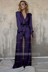 Charming Long Sleeves White V-Neck Long Jump Suit With Belt