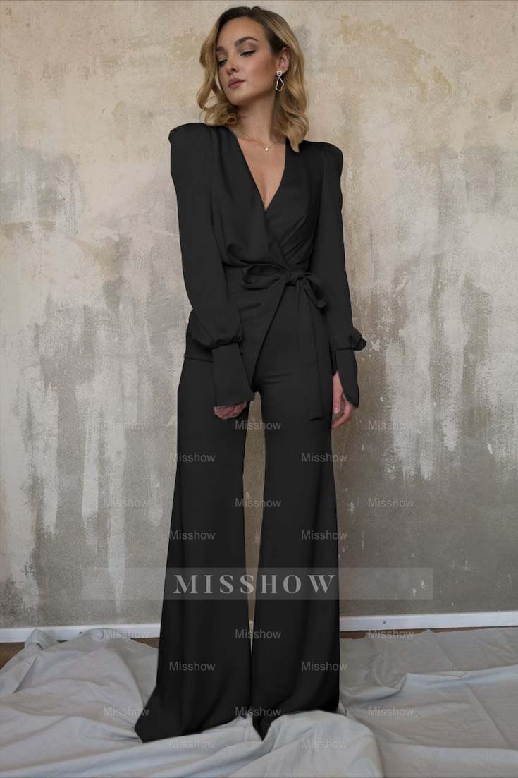 Charming Long Sleeves White V-Neck Long Jump Suit With Belt